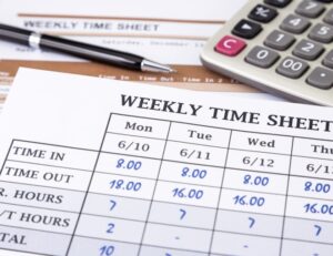 Weekly timesheet showing regular and overtime hours