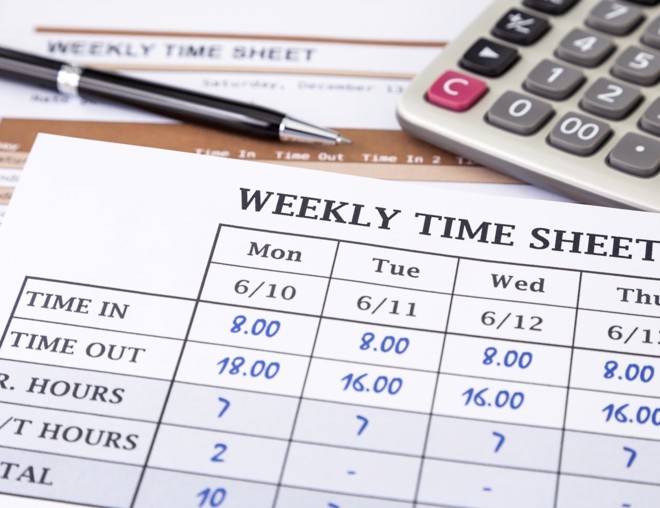 Weekly timesheet showing regular and overtime hours