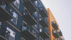 Apartment building exterior, illustrative housing photograph